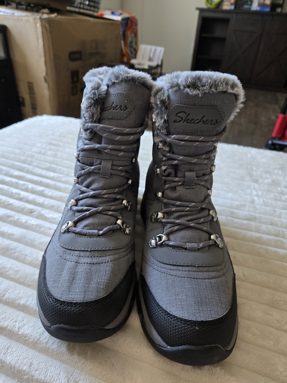 Skechers Gray Lace Up Faux Fur Winter Boots